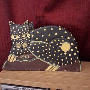 Folk Art Hand carved wooden Cat Napkin or Letter Holder